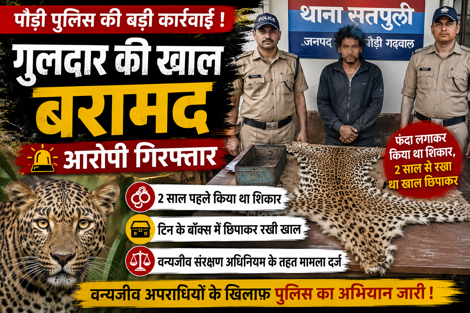 सतपुली में गुलदार की खाल के साथ युवक गिरफ्तार,तस्करी की साजिश हुई नाकाम